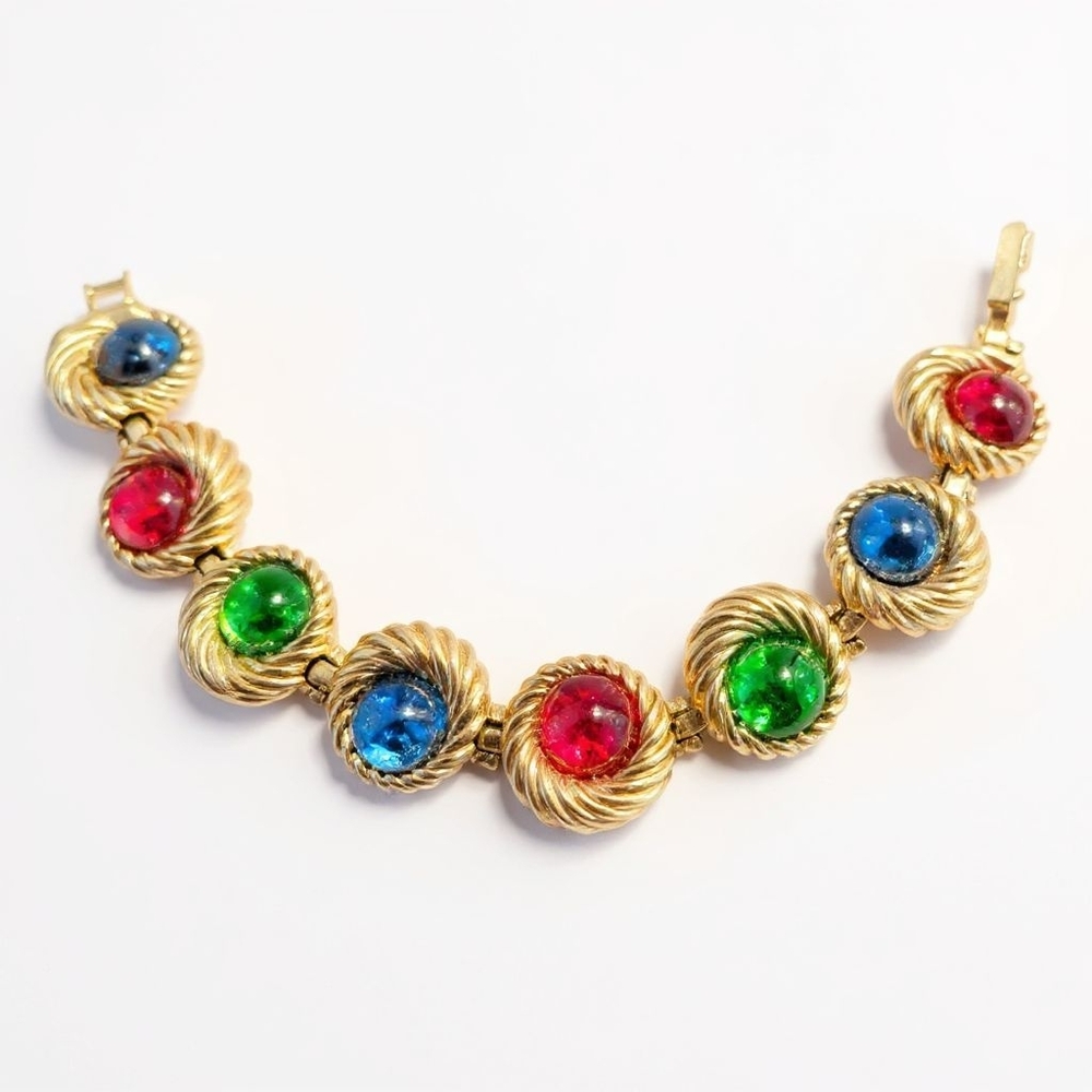 Vintage Nina Ricci Multicolor Cabochon Bracelet – Gold Tone Statement Designer